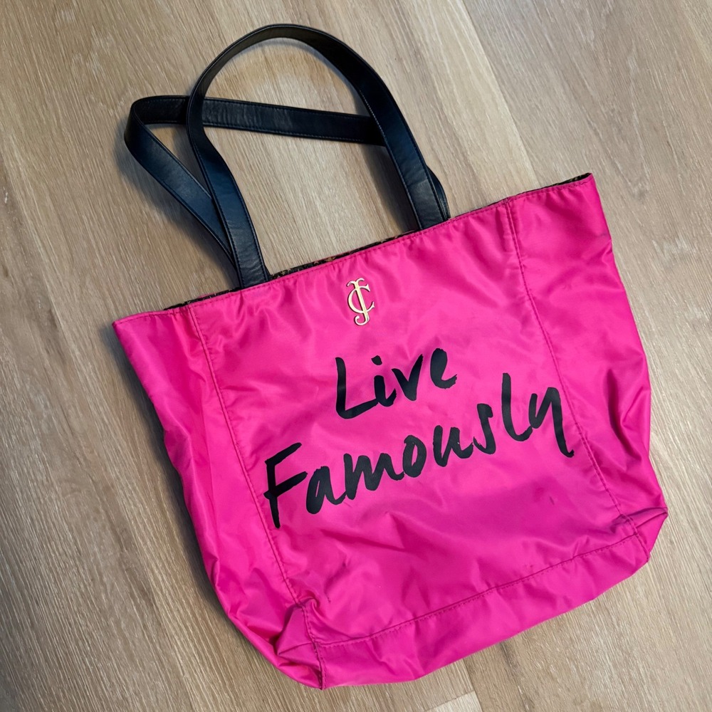 Juicy Couture Hot Pink Live Famously Nylon Tote Bag Star Lining Y2K McBling